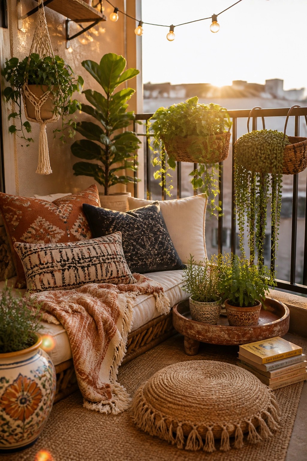 A balcony seating area with cushions, a woven bench, hanging plants in baskets and macrame holders, potted plants on a tray, and string lights.