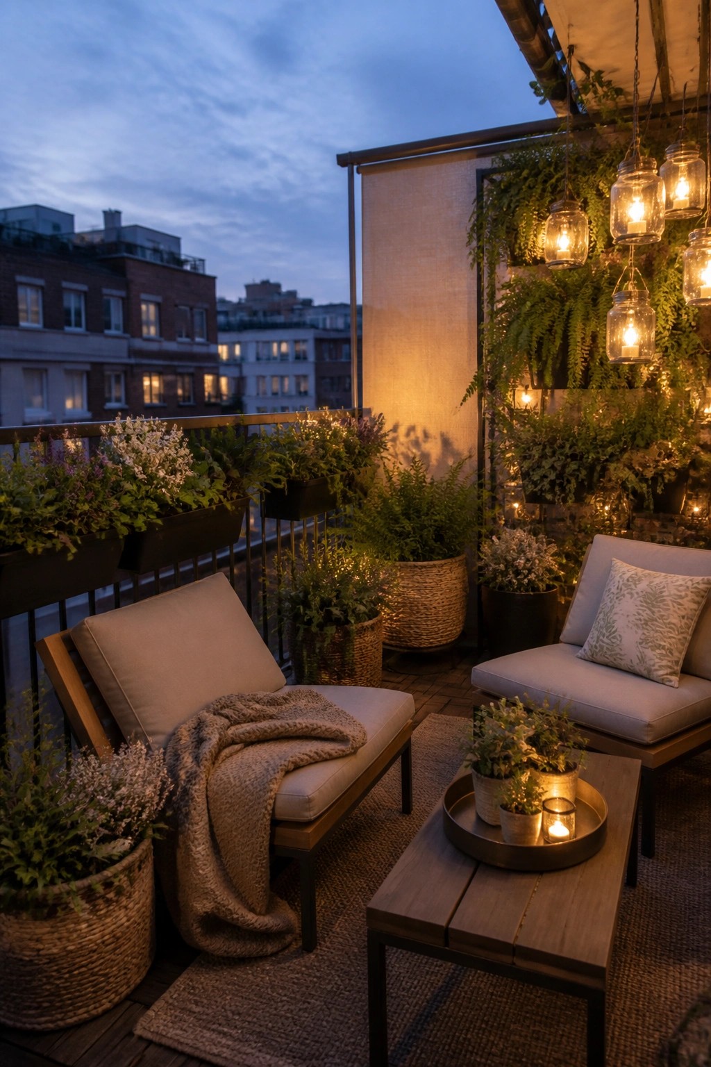 A furnished balcony at dusk with wooden lounge chairs, a low table holding small potted plants and candles, woven baskets, black containers, hanging mason jar lights, and many ferns and flowering plants along the railing overlooking city buildings.