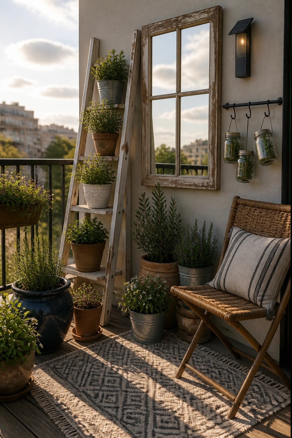 A balcony scene showing a wooden ladder holding multiple potted plants next to a wicker chair on a patterned rug.