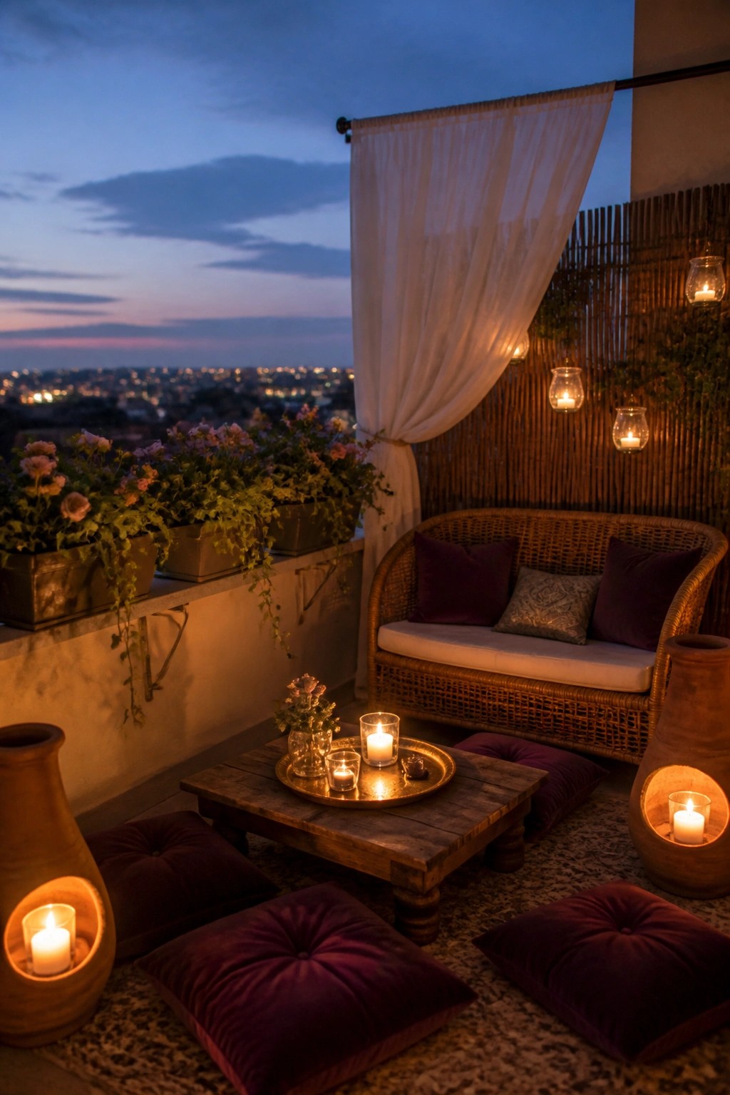 Cozy twilight terrace with wicker sofa, lit candles, purple pillows, and city view.