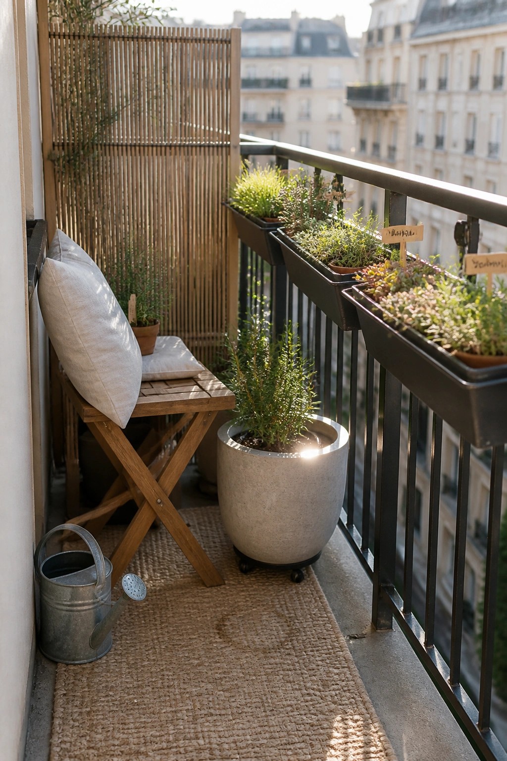 A balcony with a wooden bench holding pillows, a large gray floor pot with a shrub, and three black rectangular planters mounted along the metal railing filled with small plants and herbs.