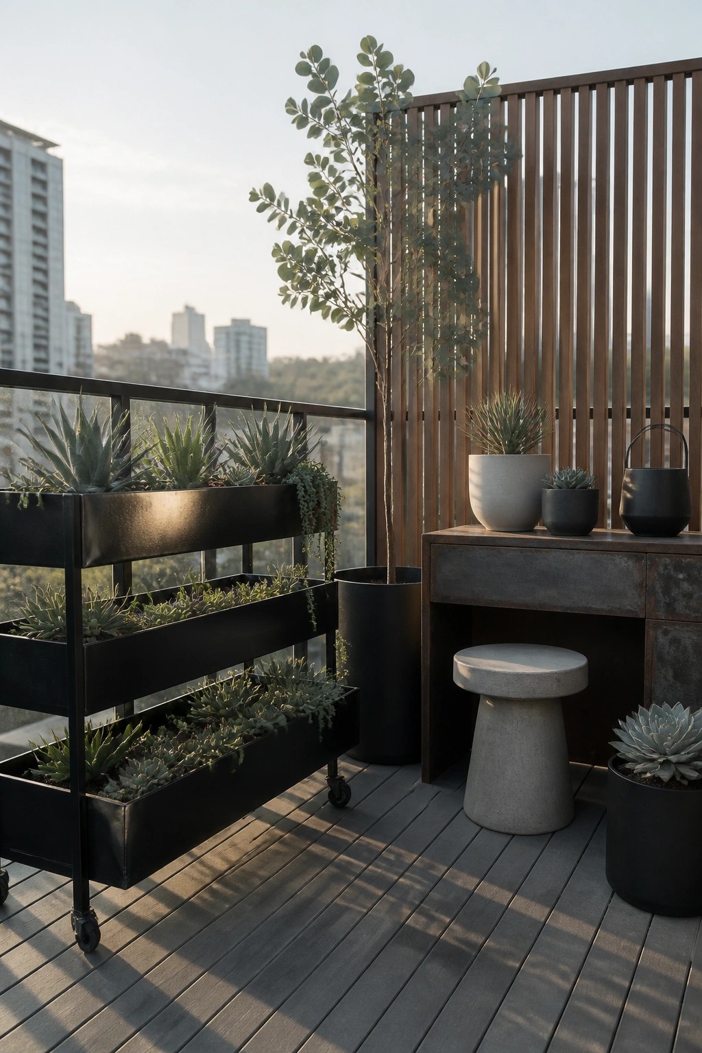 A wooden balcony features a black multi-tier rolling cart filled with succulents and trailing plants, positioned near a slatted wood screen and several concrete and black pots.