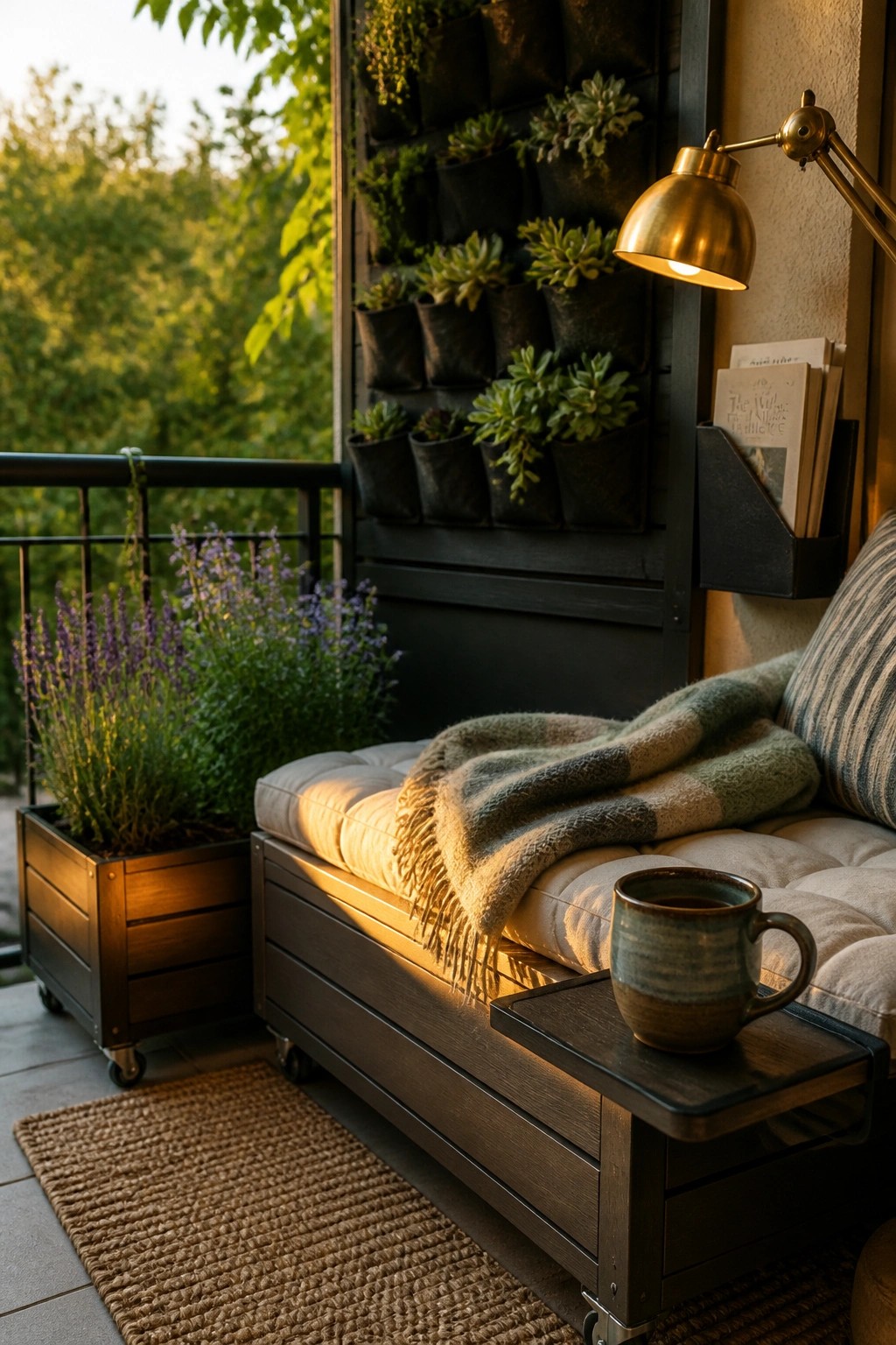 A balcony with a cushioned bench, a mug on a side table, potted plants in wooden crates on wheels, and a vertical fabric wall planter filled with succulents.