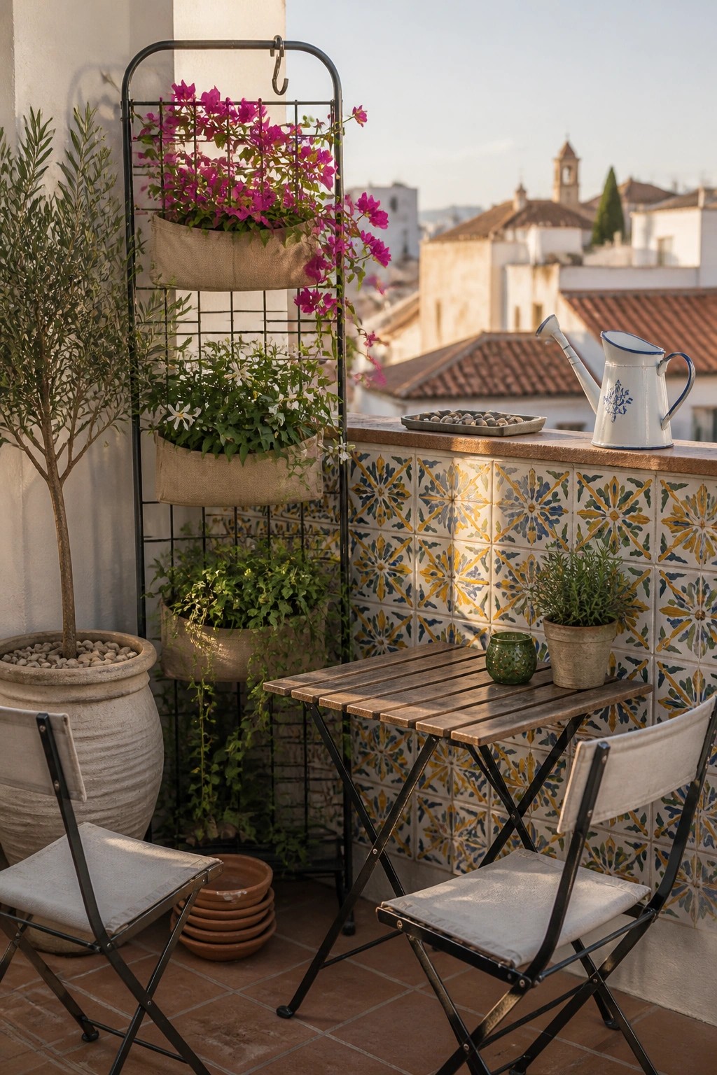 A balcony scene showing a black metal grid rack with three fabric hanging planters containing flowers and greenery, positioned next to a small wooden table and two folding chairs against a tiled wall.