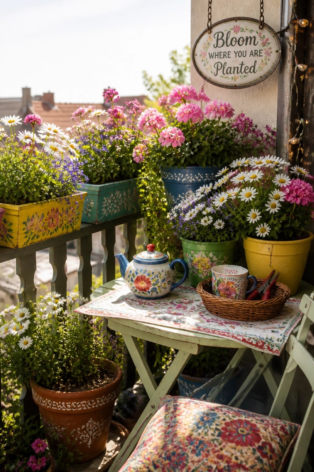 Sunny balcony with colorful flower pots, teapot, basket, and blooming sign