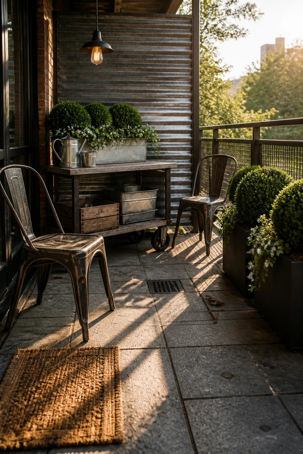 A balcony scene showing two metal chairs, a rolling wooden cart with potted plants and metal bins, a hanging pendant light, and several green shrubs in containers against a corrugated metal wall.