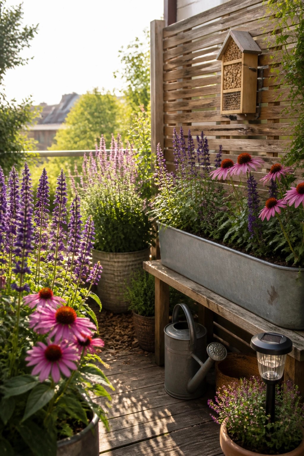 A wooden balcony features a long metal trough planter filled with flowers resting on a bench, surrounded by various potted plants and a wooden privacy screen with a birdhouse.