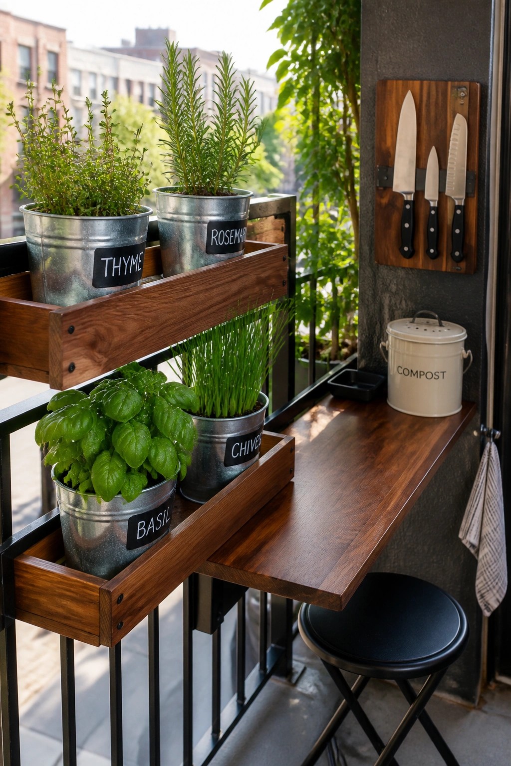 A balcony railing holds a wooden planter trough with metal buckets of labeled herbs next to a fold-down wooden counter and black stool.