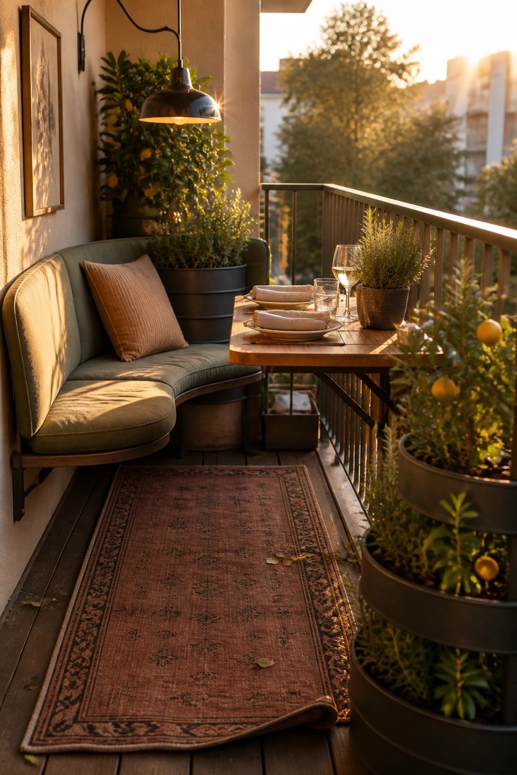 A balcony features a curved green bench with a pillow, a wooden dining table set with dishes and glasses, multiple potted plants along the railing, and a patterned rug on the deck.