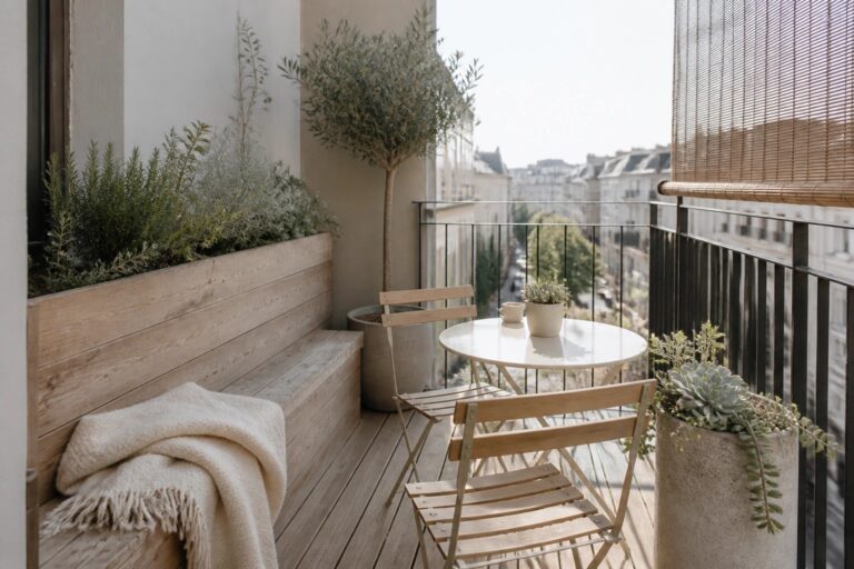 17 Simple Balcony Garden Ideas for Calm Greenery and Easy Everyday Upkeep A wooden balcony with a built-in bench holding a folded blanket, two folding wooden chairs around a small round table, a large olive tree in a concrete pot, and several smaller planters with succulents.