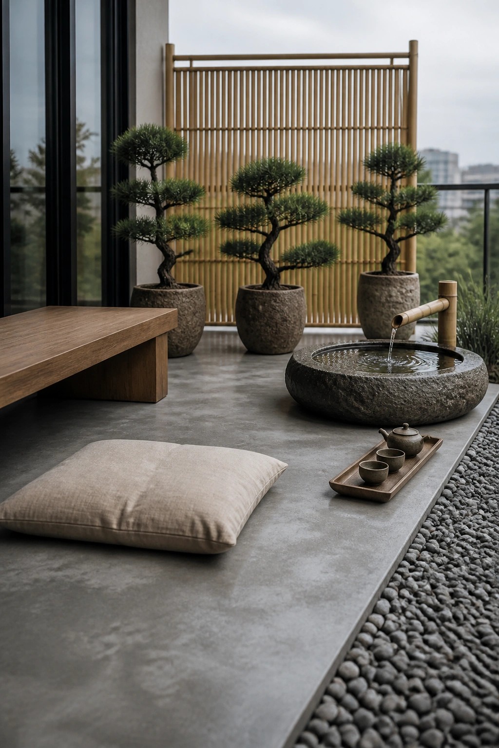 A balcony terrace with three potted bonsai trees, a stone water basin fed by a bamboo spout, a low wooden bench, and a floor cushion beside a gravel strip.