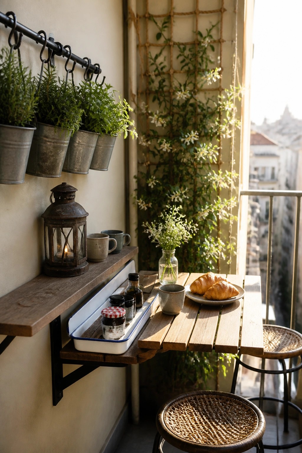 A small balcony with a wooden table, woven stools, hanging metal buckets with plants on a black rail, a wooden shelf holding a lantern and mugs, and a view of buildings with climbing vines on a trellis.