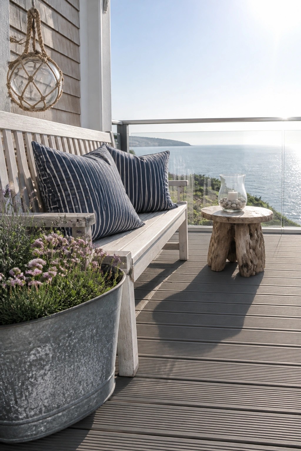 White bench with striped pillows on oceanfront deck beside potted flowers and side table.