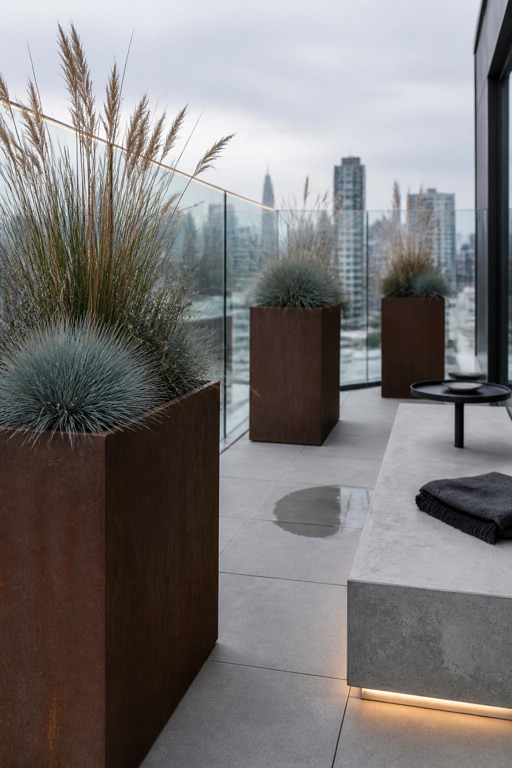 A modern balcony with large rectangular rusted metal planters holding tall feathery grasses and blue-green mounds, next to a concrete bench and small table, overlooking a city skyline.