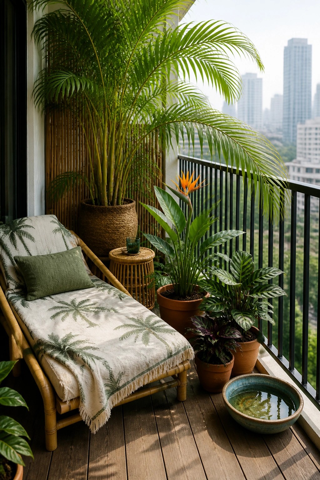 A wooden balcony features a bamboo lounge chair with a palm-patterned throw and green cushion, surrounded by potted palms, a bird of paradise, and smaller leafy plants next to a round water bowl, with a city skyline in the background.