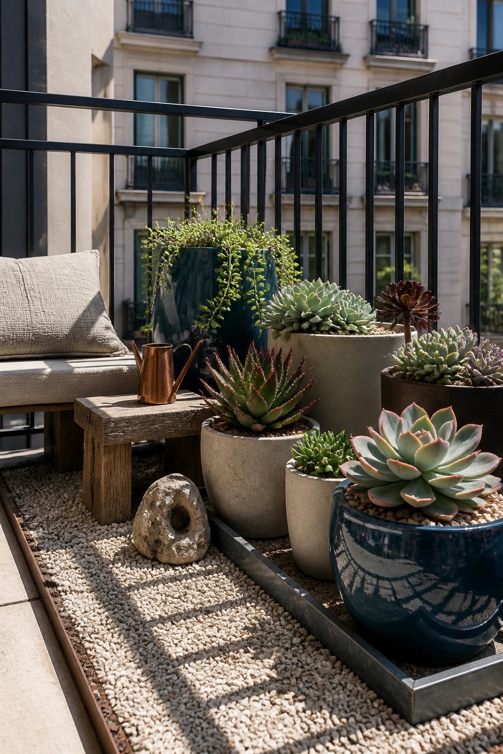 Various succulents in ceramic pots on sunny balcony with gravel and wooden bench