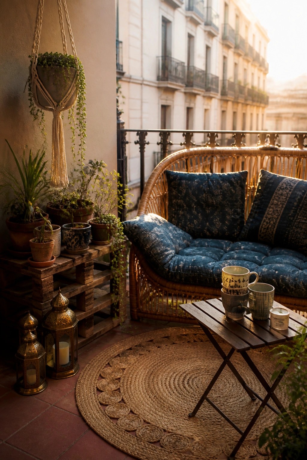 A balcony scene with a wicker chair, blue cushions, potted plants arranged on a wooden pallet shelf, hanging plants, lanterns, and a small table on a woven rug.