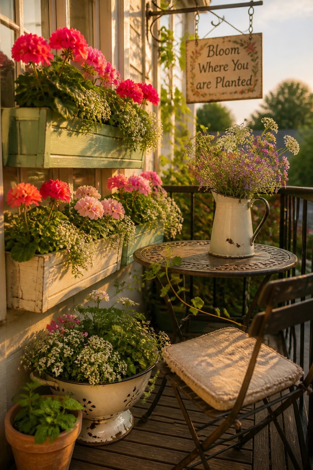 Sunny balcony with pink geraniums in boxes, wildflower pitcher on table, and sign.