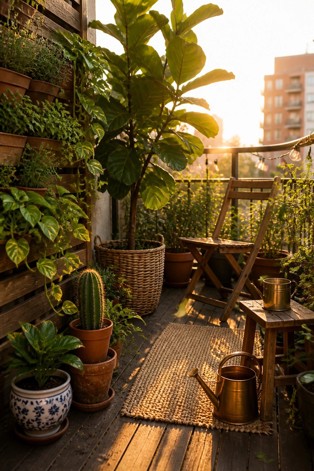 A balcony with a vertical wall garden of potted plants on wooden slats, a large potted tree, a wooden chair, a woven rug, and brass watering cans at sunset.