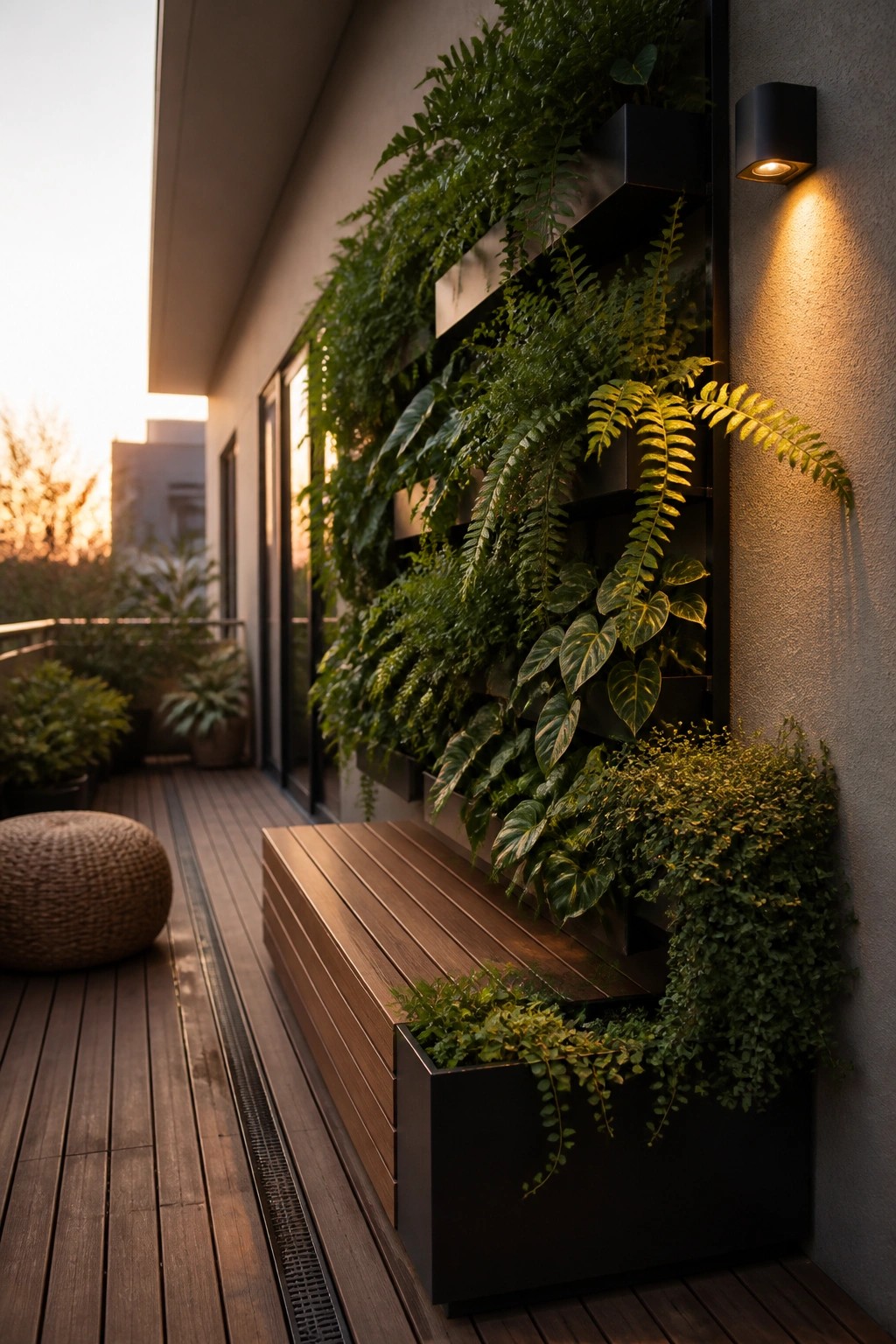Lush vertical garden with ferns on modern balcony beside wooden bench and lit wall sconce.