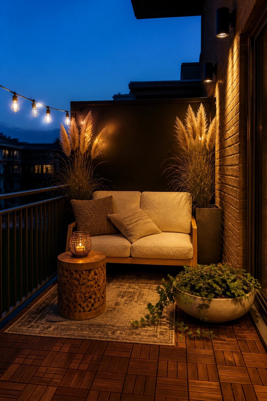 A small balcony at dusk features a beige loveseat with pillows, a wooden side table holding a lit lantern, tall potted pampas grasses on both sides, string lights overhead, and a low bowl planter with trailing ivy on a wooden deck.