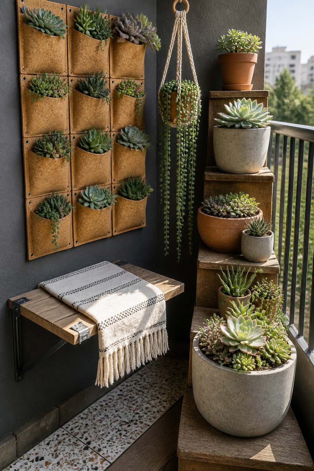 A balcony wall fitted with a grid of brown felt pocket planters holding succulents, next to wooden steps with potted plants and one hanging planter.