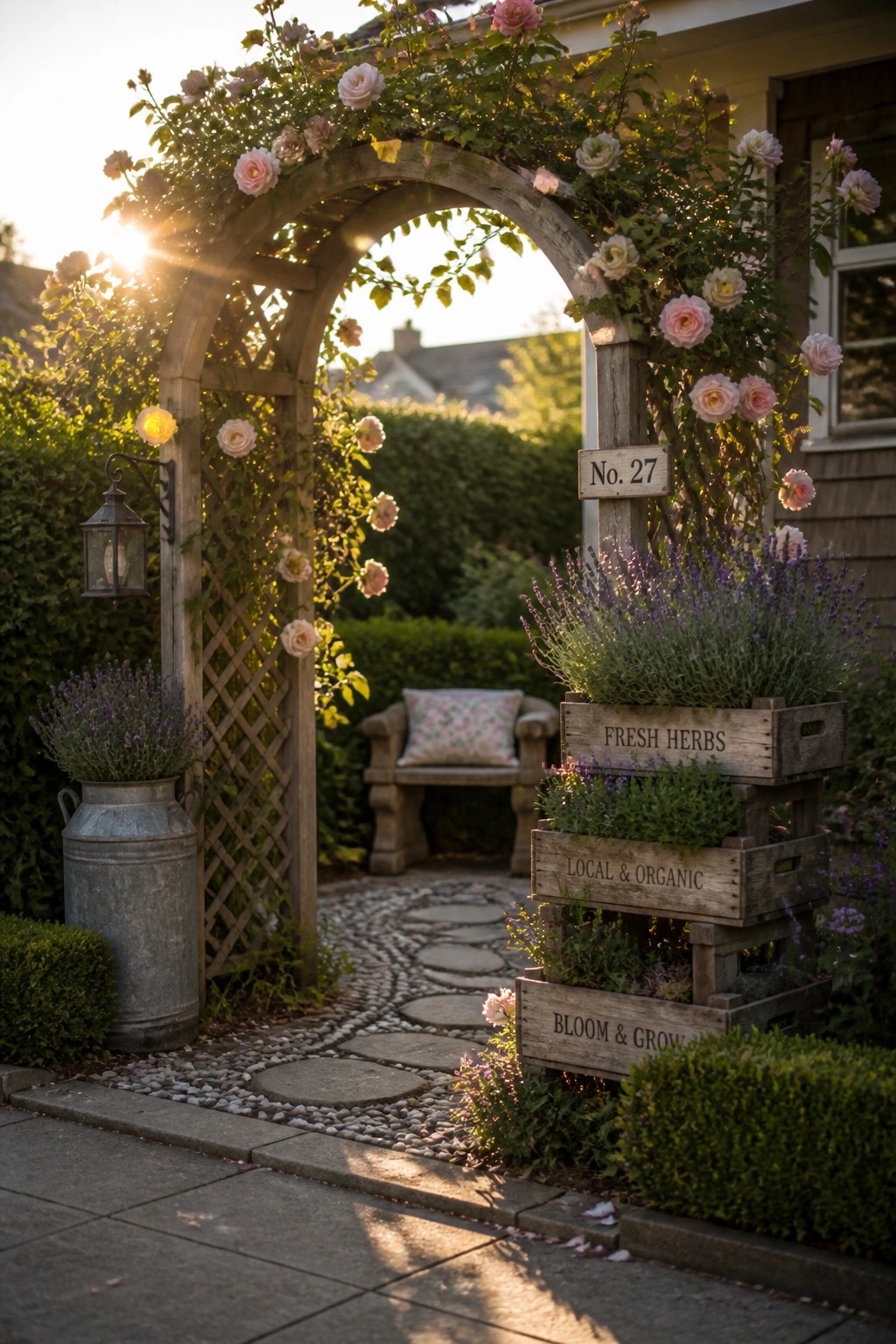 A wooden garden arch draped in pink roses stands beside stacked wooden crates planted with lavender and herbs along a stone pathway.