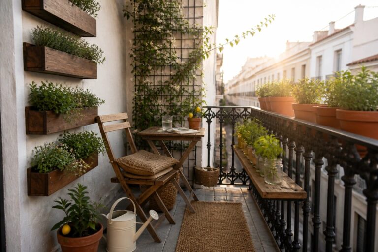 A narrow balcony with wooden wall-mounted planters, a black metal trellis with climbing vines, plants along the railing, and a wooden chair beside a small table.