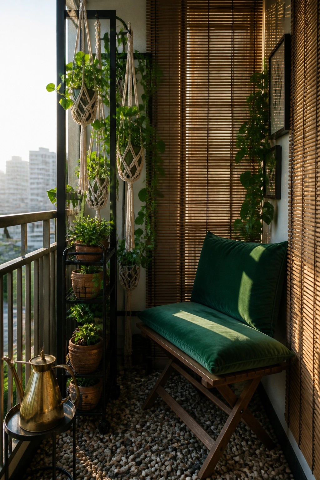 A balcony corner shows a wooden bench with green cushions, multiple macrame hanging planters with green foliage on a black frame, a rolling plant stand with terracotta pots, and bamboo blinds on the right wall.