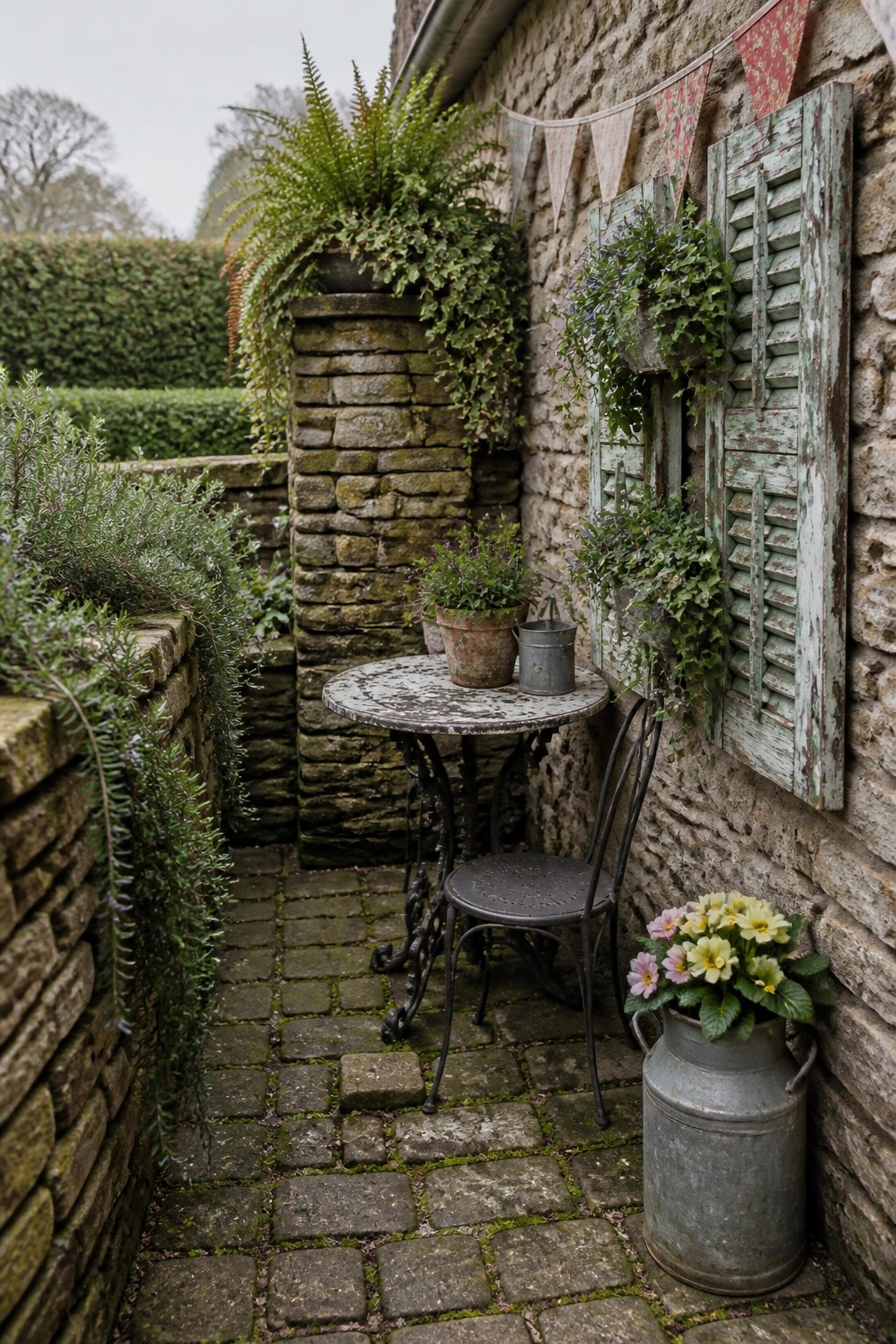 A narrow stone patio with a small metal table and chair, potted plants on the table, and hanging greenery attached to a stone wall with weathered green shutters.