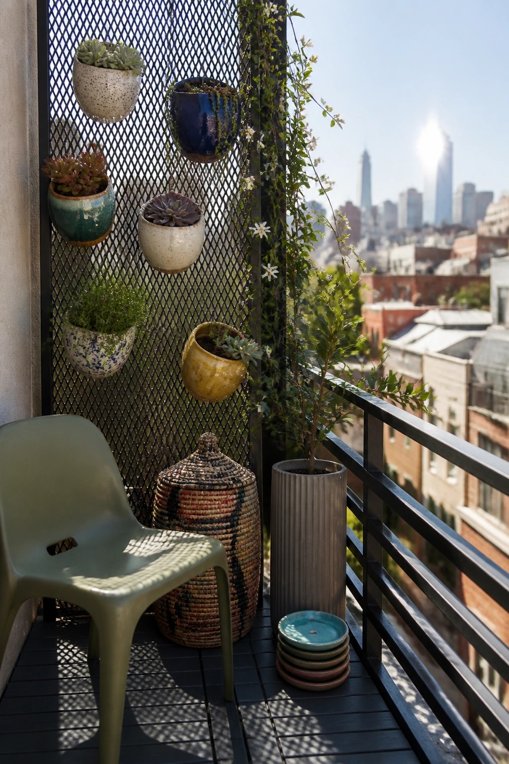 A small urban balcony with a green plastic chair, stacked plates, a woven basket, and multiple ceramic pots hanging from a black metal mesh panel on the wall, overlooking a city skyline.
