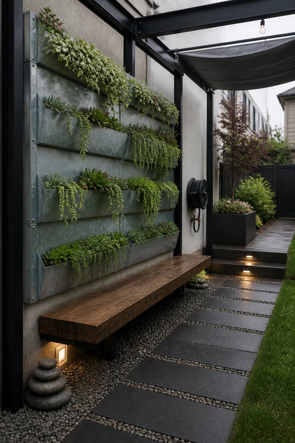 Vertical succulent garden wall above wooden bench on modern stone patio pathway