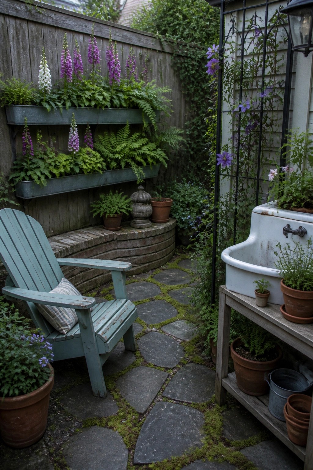 A narrow garden path bordered by a wooden fence with multiple metal wall-mounted planters holding ferns and purple and white flowers, a light blue wooden chair, and potted plants along a mossy stone path.