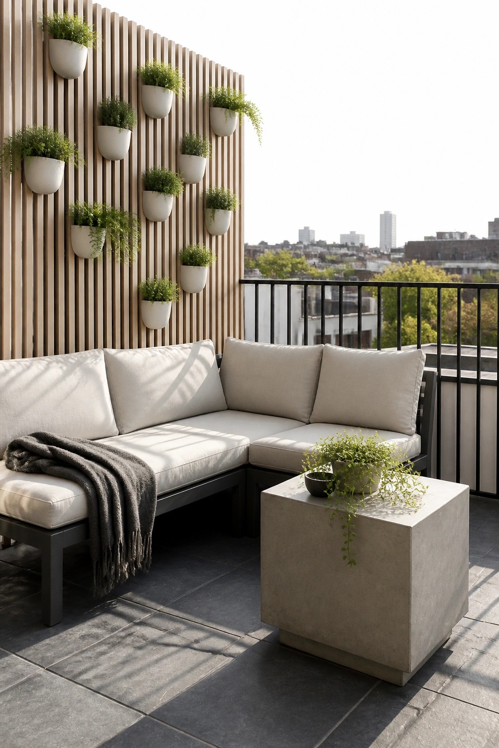 A modern balcony with a light gray sectional sofa, dark frame, gray throw blanket, concrete side table with potted plants, and a vertical wooden slat wall holding multiple white hanging planters with green plants.