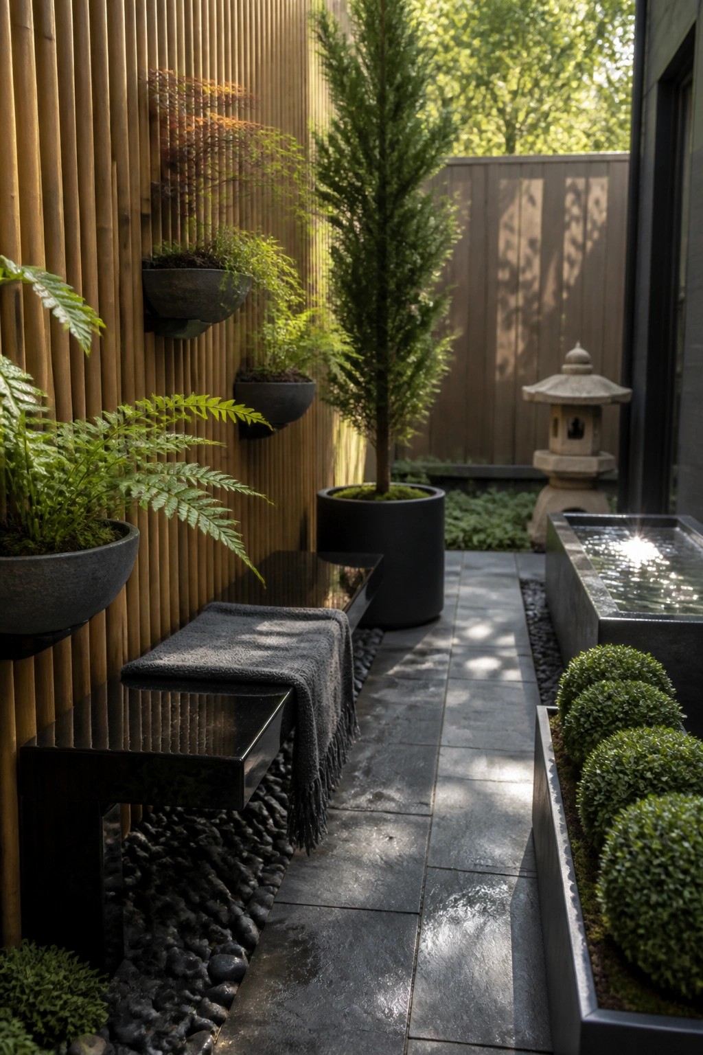 A narrow paved garden path lined with wall-mounted bowl planters on a vertical bamboo screen, a tall potted evergreen, round shrubs in a trough, and a stone water feature.