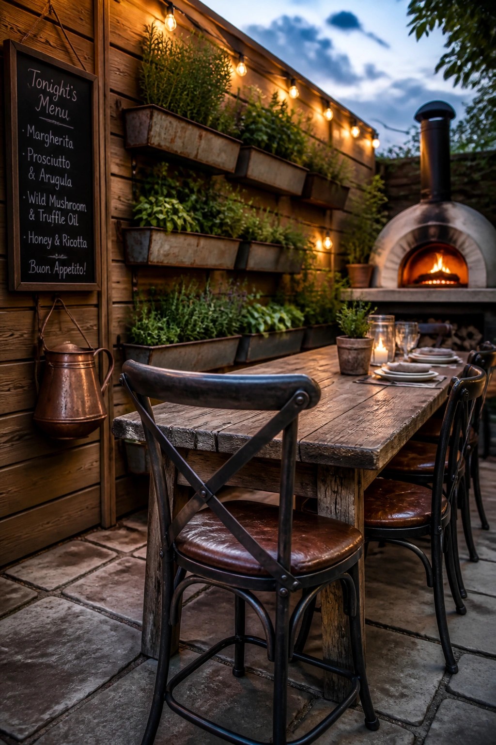 Rustic wooden table with chairs beside glowing pizza oven under string lights