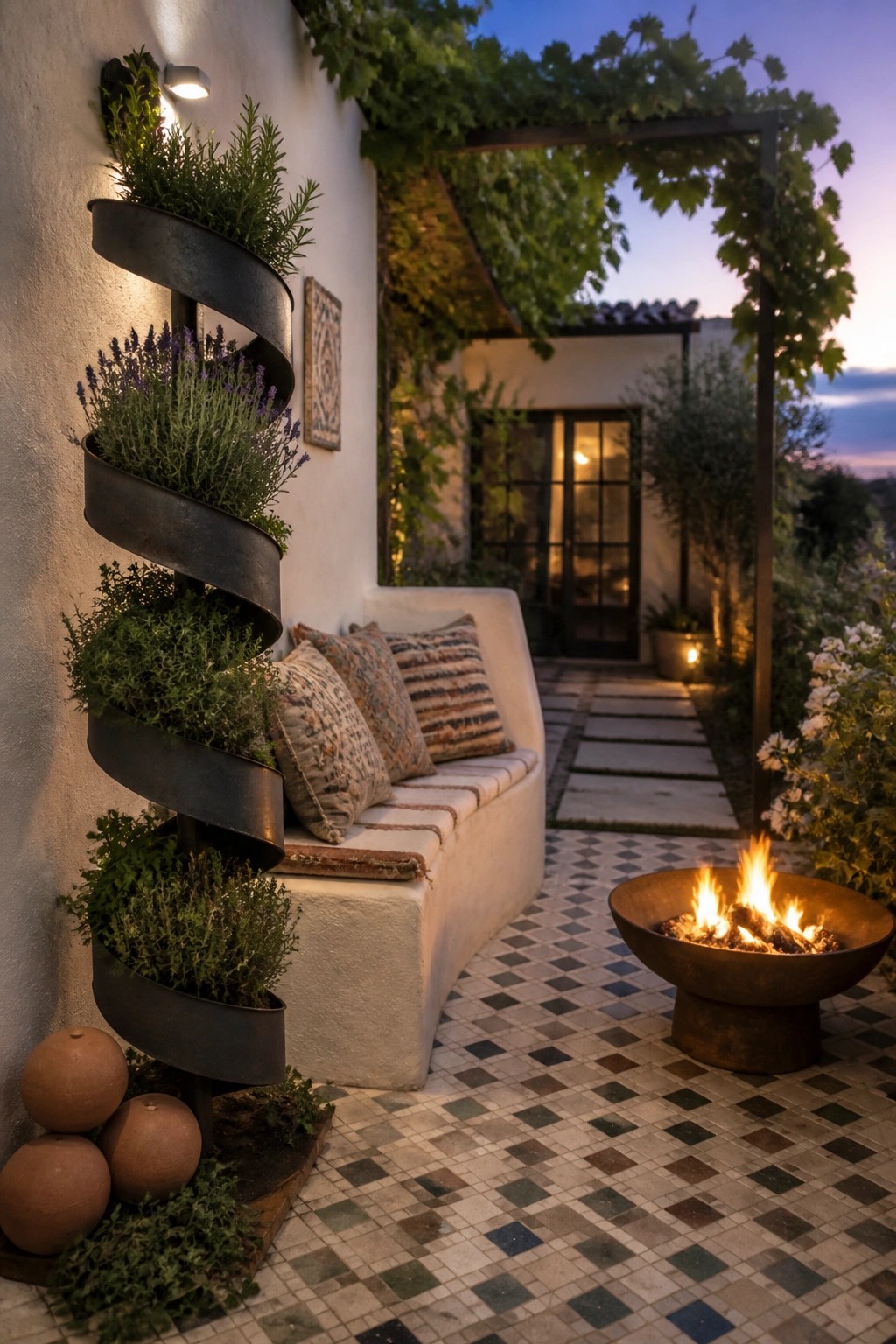A tall metal spiral planter with multiple tiers of green herbs and lavender mounted on a white outdoor wall beside a cushioned bench and fire pit.