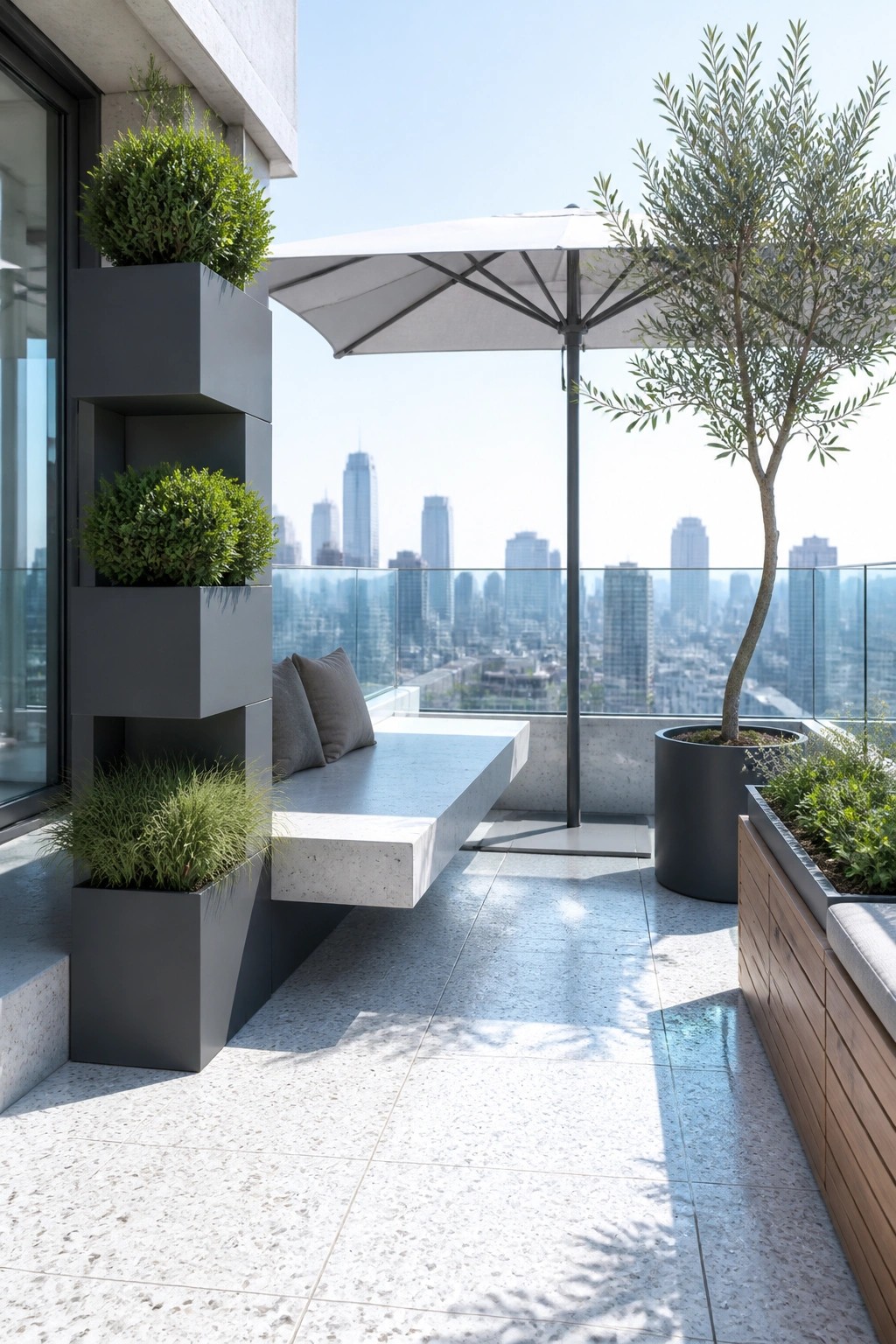 Modern terrace with concrete bench, white umbrella, gray planters, and city skyline view.