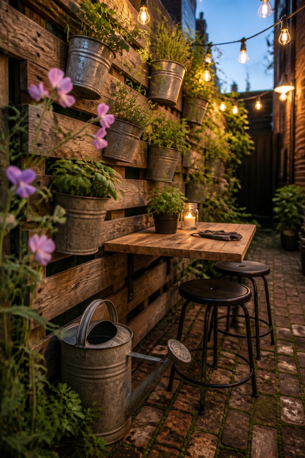 A wooden pallet mounted vertically on a fence holds multiple metal buckets with plants, next to a small wooden table and stools in a brick-paved outdoor space.