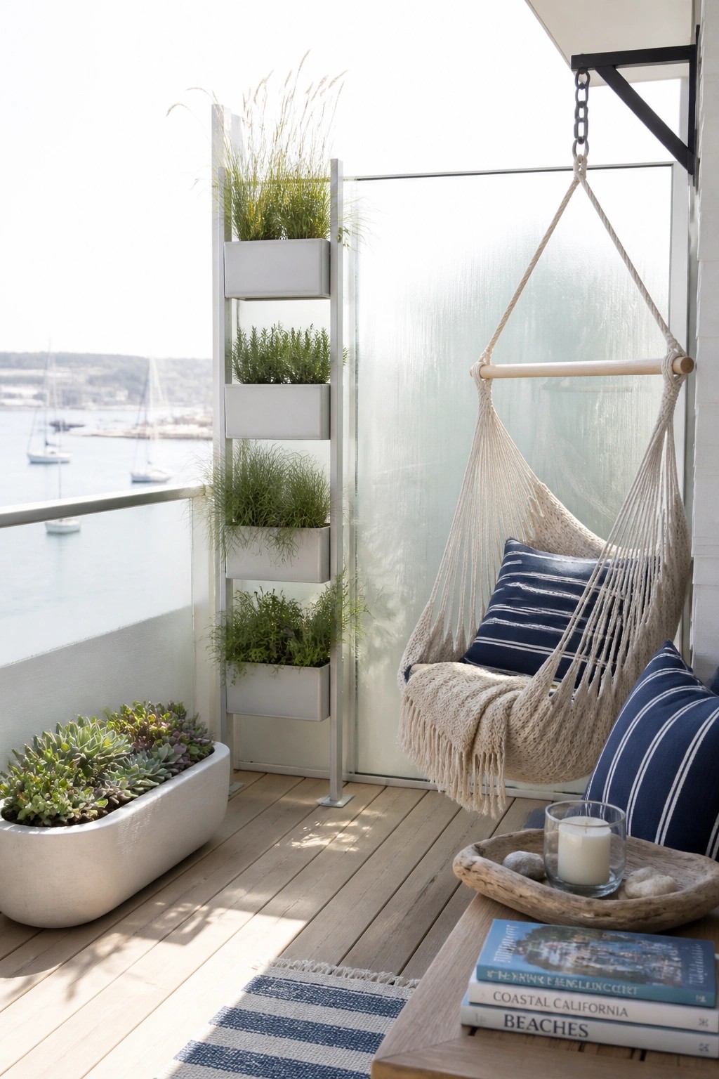 A wooden balcony features a tall white vertical plant stand with multiple tiers of greenery next to a hanging rope hammock chair and a low succulent planter.