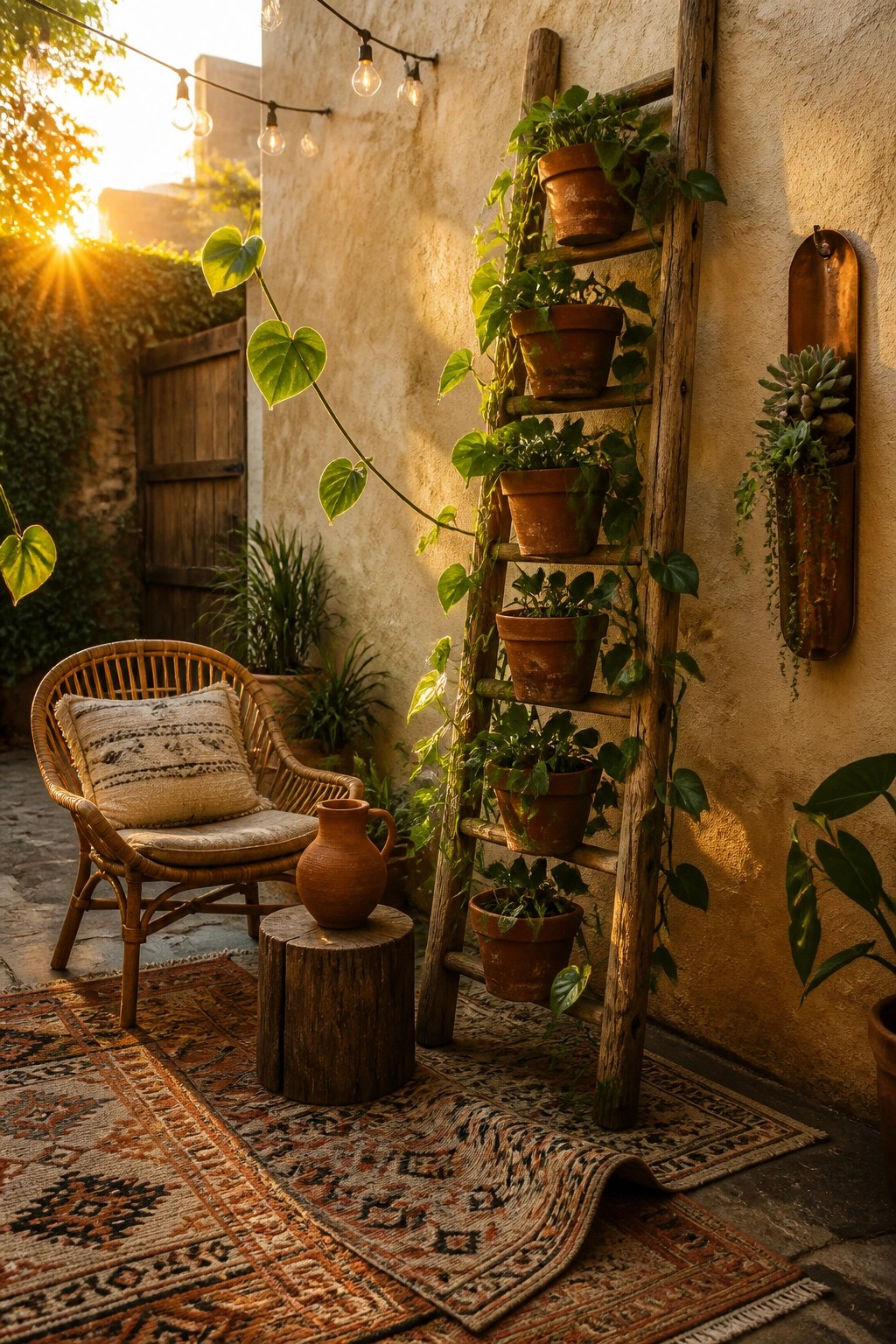 A wooden ladder leaning against a textured wall holds multiple terracotta pots filled with green plants in an outdoor patio area.