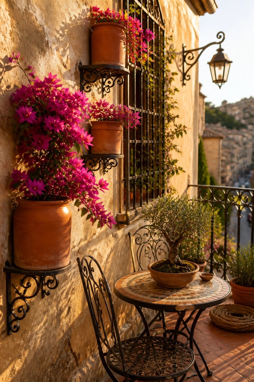 A small outdoor balcony with terracotta pots of magenta flowers mounted on a stone wall using black metal brackets, next to a mosaic table and chairs.