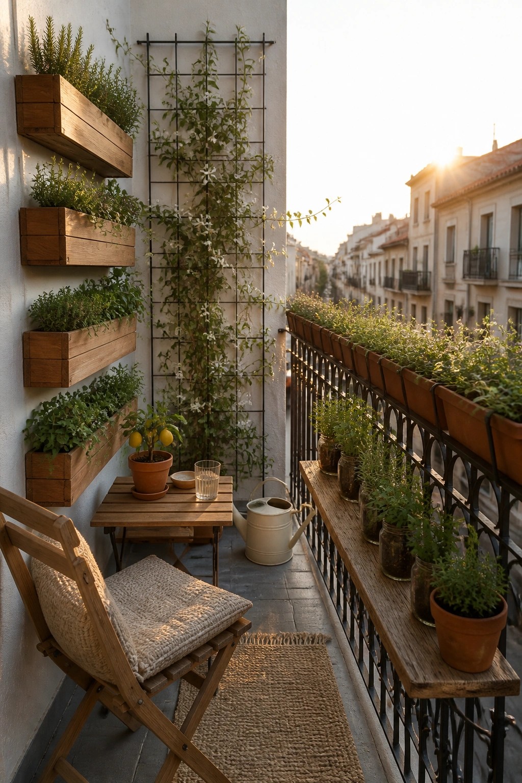 A narrow balcony with wooden wall-mounted planters, a black metal trellis with climbing vines, plants along the railing, and a wooden chair beside a small table.