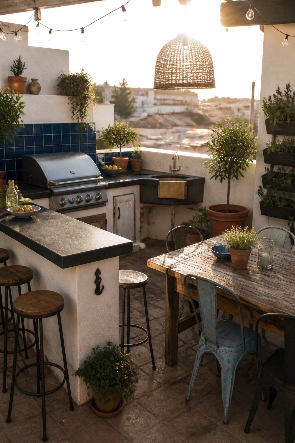 An outdoor terrace kitchen with a built-in grill, dark counter, and bar stools next to a wooden dining table surrounded by potted plants.