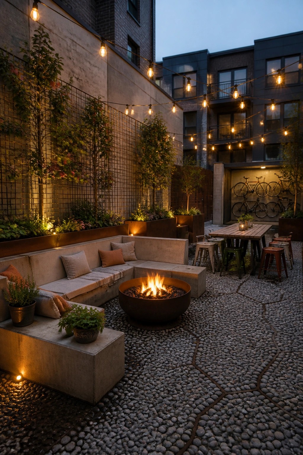 Cozy urban courtyard with fire pit, string lights, concrete seating, and wall bicycles