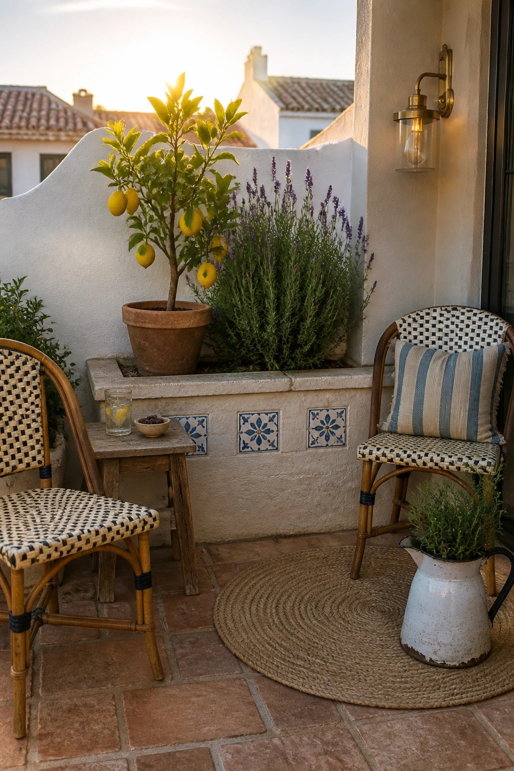A small terrace with woven chairs, a round jute rug, a built-in stone planter holding a lemon tree and lavender, and a wall sconce.