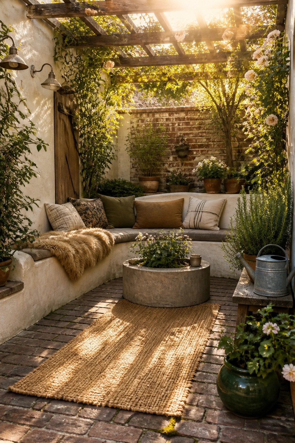 A compact brick-paved courtyard with curved built-in seating, a wooden pergola covered in vines, and potted plants arranged around the space.