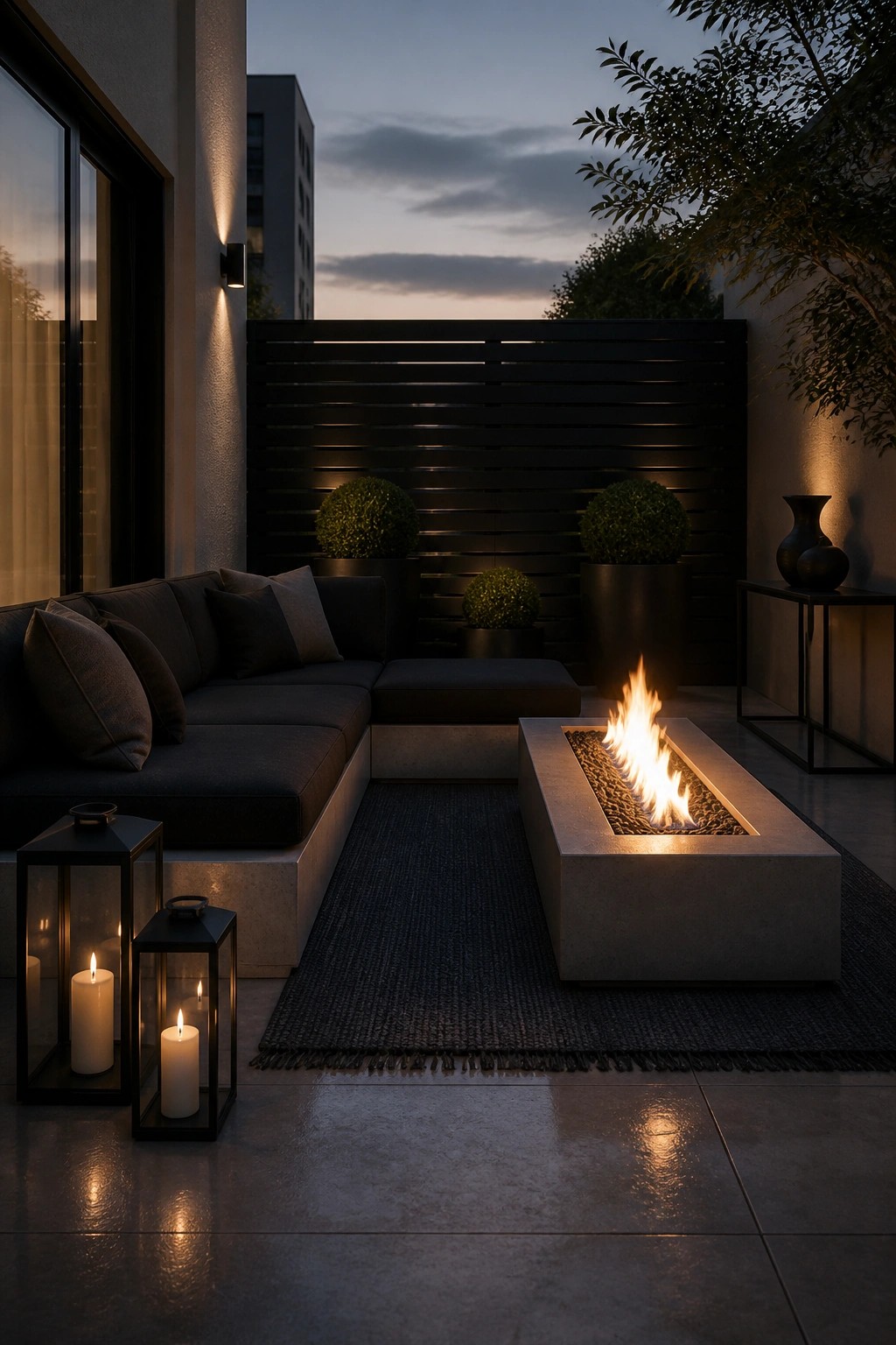 An outdoor patio at dusk with an L-shaped dark sectional sofa, a long rectangular concrete fire pit with active flames, two lit lanterns in the foreground, and potted shrubs against a dark slatted fence.