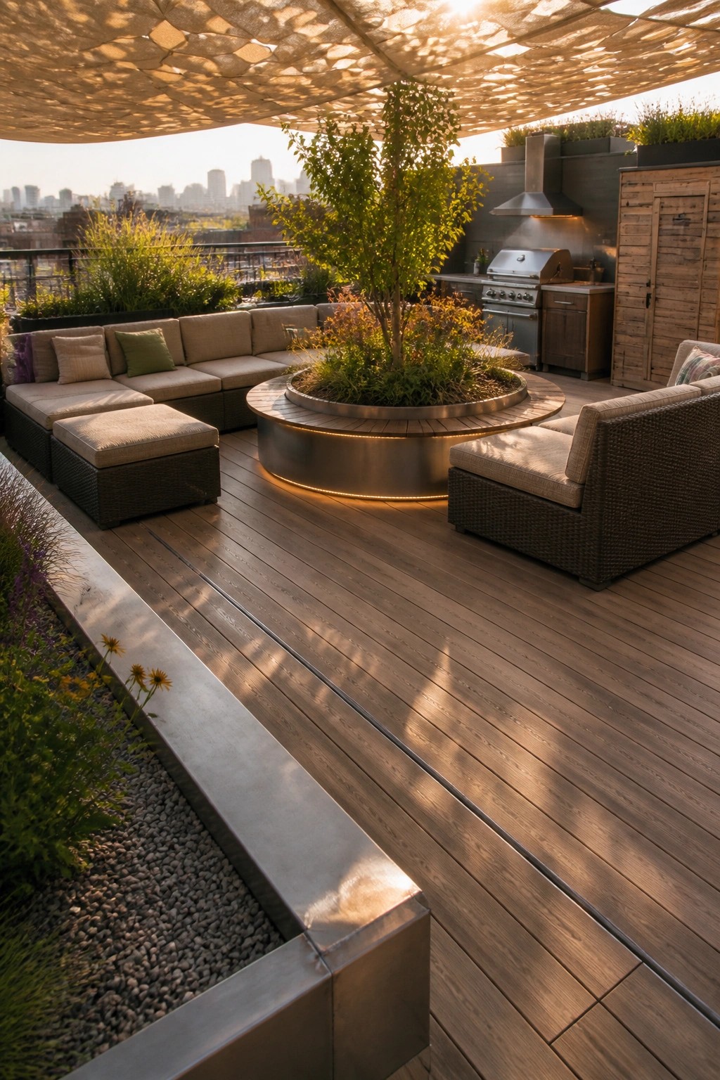 Rooftop patio with wooden decking, modular outdoor seating arranged around a central circular planter with a tree, and a distant city skyline.