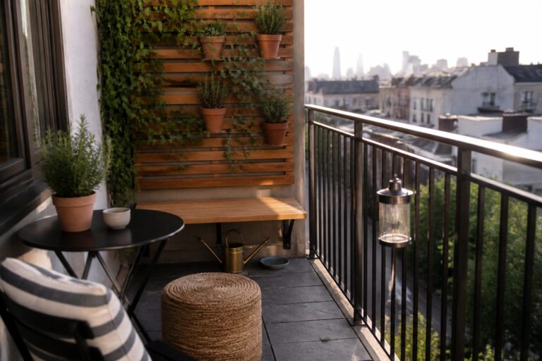 Cozy balcony with wooden plant wall, black table and chair, woven pouf, city skyline.